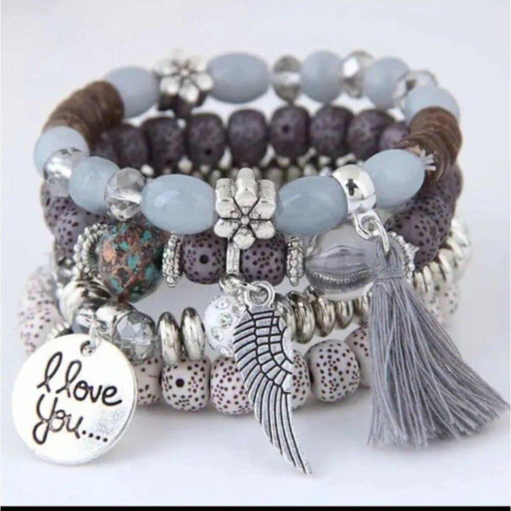4pcs Tassel & Wing Charm Beaded Bracelet Set